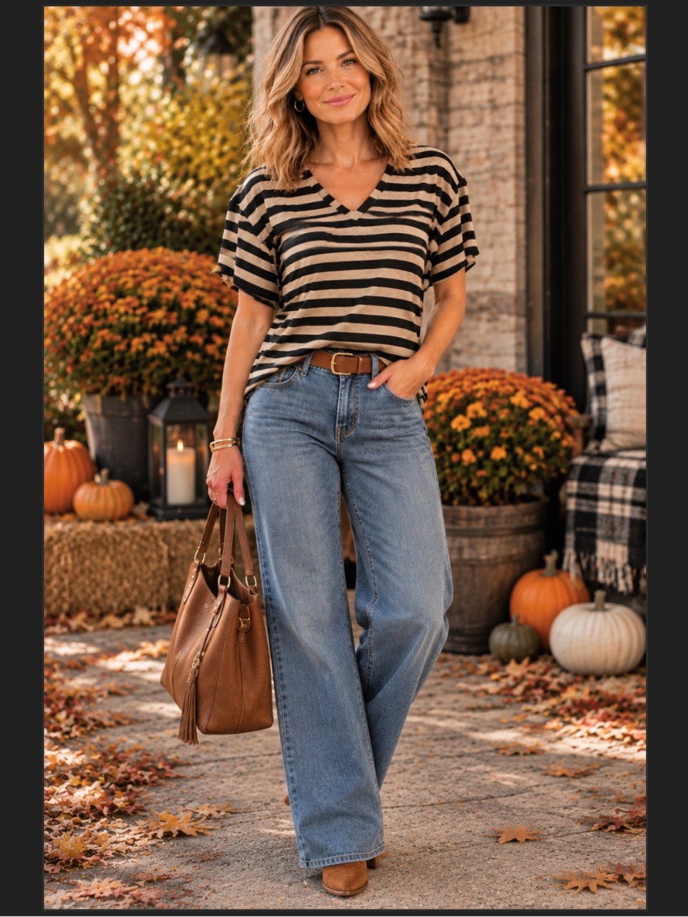 Ruby Rd. Petite Striped Black and Beige Top - Cute Ruffle Sleeves Tee